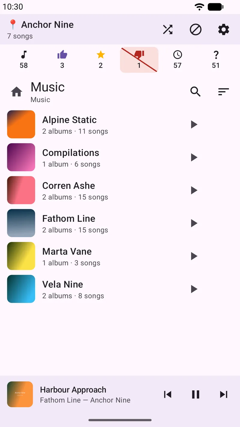 SongTrail's root browse screen listing six top-level music folders, each with cover art, an album count and a song count.