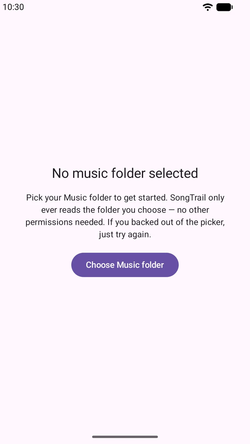 SongTrail's empty first-run screen reading 'No music folder selected' above a 'Choose Music folder' button.