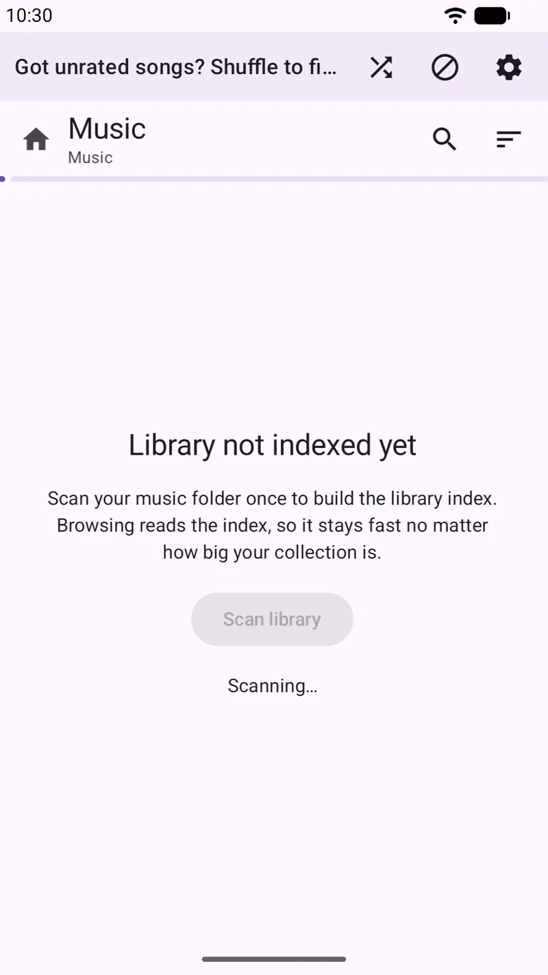 SongTrail showing 'Library not indexed yet' with a progress bar and the word Scanning beneath a disabled Scan library button.
