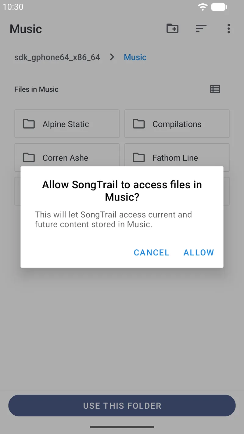 Android system dialog asking 'Allow SongTrail to access files in Music?' with Cancel and Allow buttons.