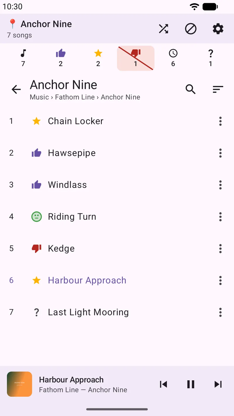 An album track list in SongTrail showing seven numbered songs, each with a rating icon and a three-dot menu.