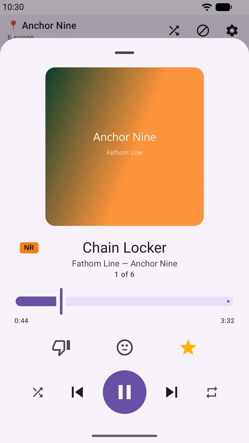 SongTrail's full player showing album art, song title, artist, a seek bar, thumbs-down, neutral and thumbs-up rating buttons, and transport controls.