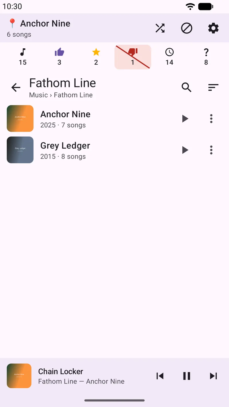 SongTrail showing the play-origin readout reading 'Anchor Nine, 6 songs' while the folder row for the same album directly below reads '2025, 7 songs'.