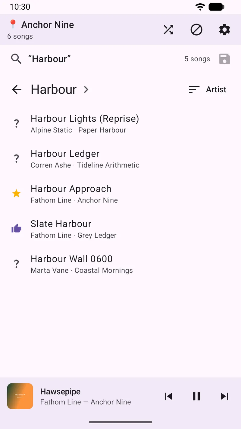 SongTrail search results with the saved search's name shown in the selector row in place of 'Unsaved search'.