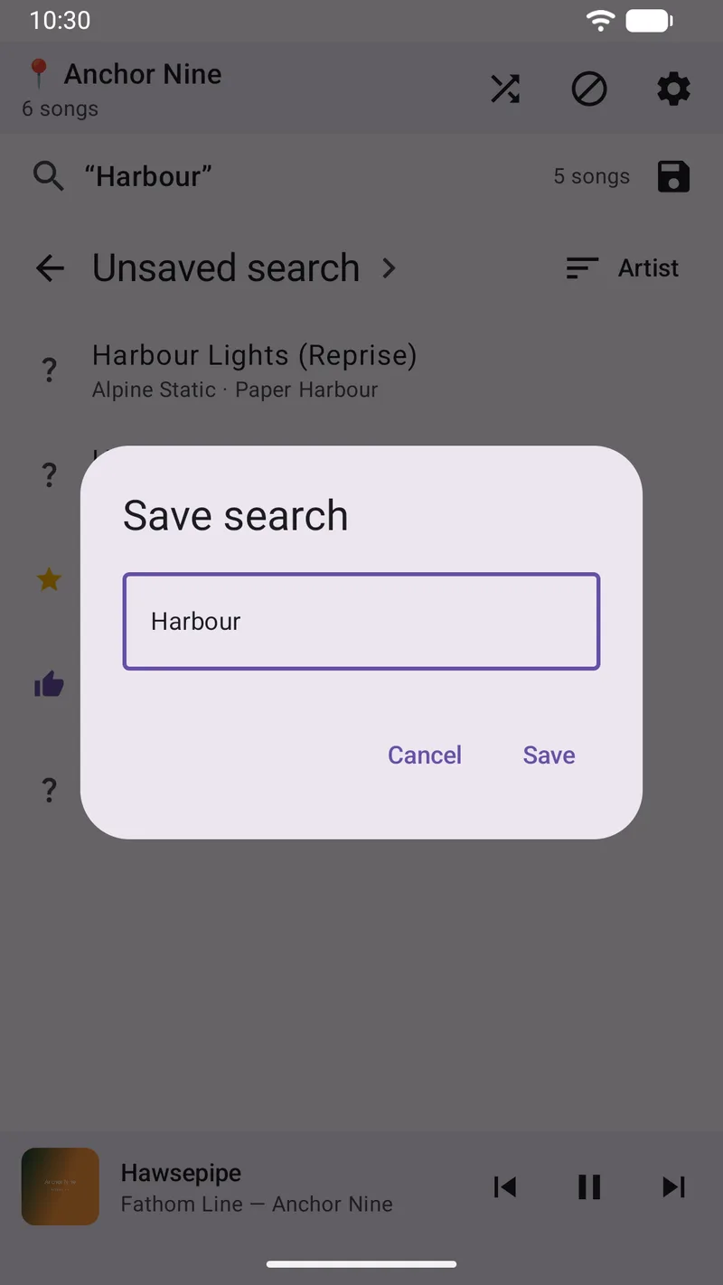 SongTrail's Save search dialog with a name typed into a text field and Cancel and Save buttons.
