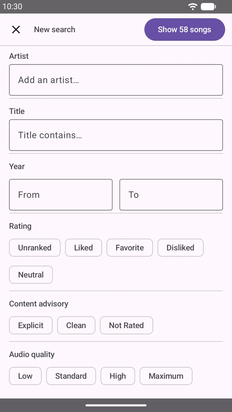 SongTrail's search criteria sheet with fields for artist and title, a year range, and selectable chips for rating, content advisory and audio quality.