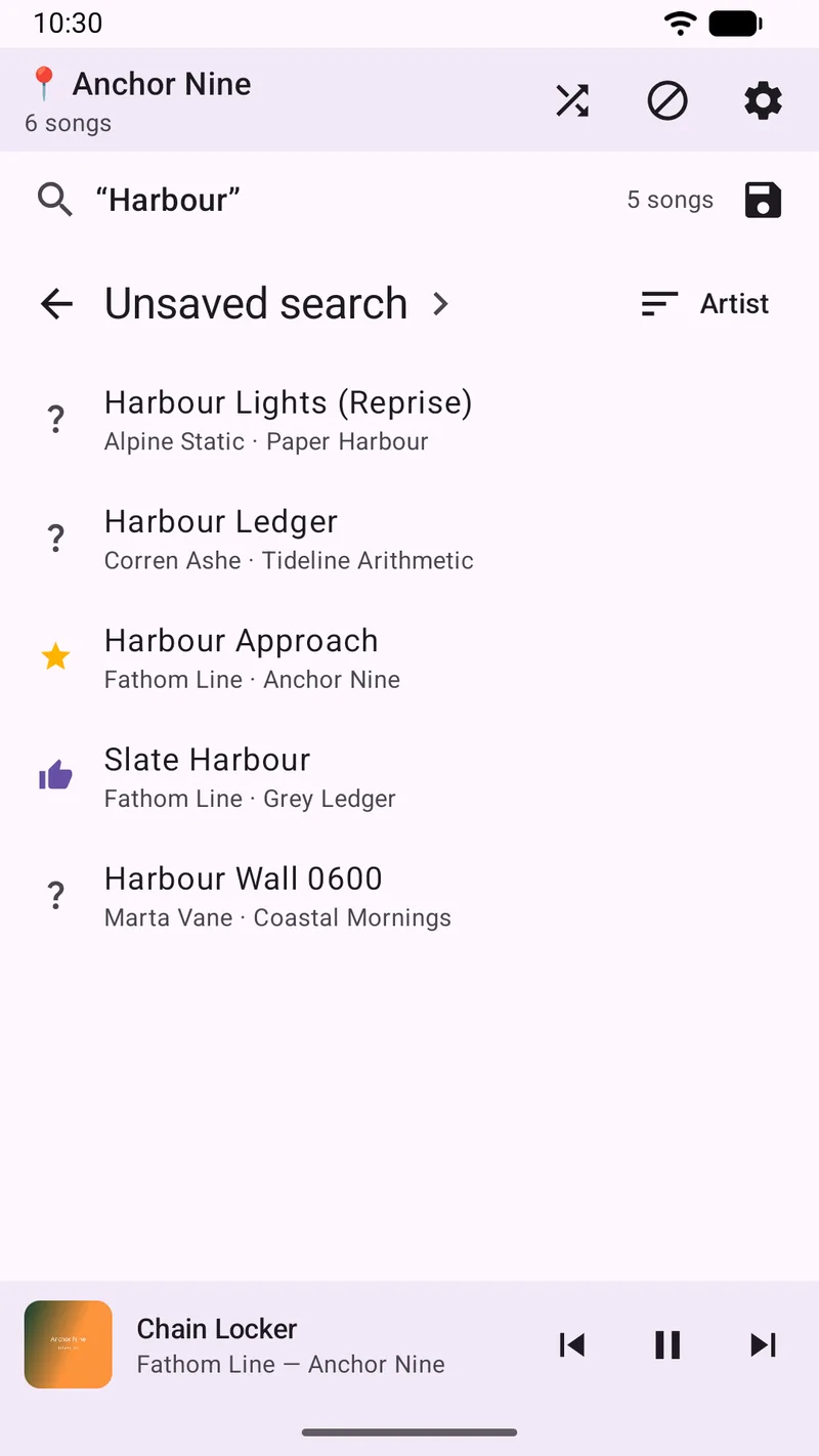SongTrail search results for the word Harbour showing five songs drawn from four different artists and albums, each with its rating icon.