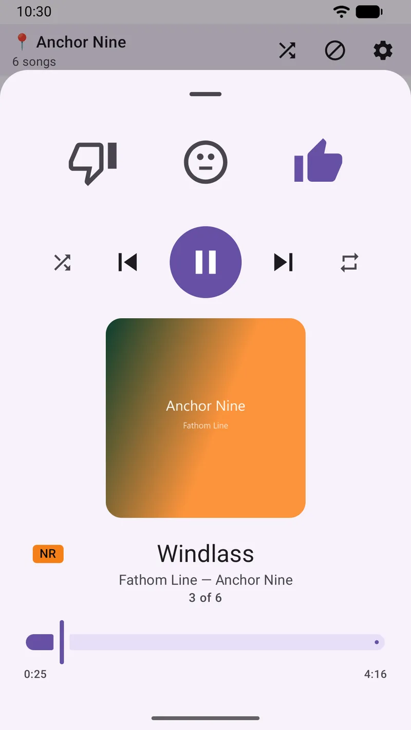 SongTrail's player in car mode, with enlarged thumbs-down, neutral and thumbs-up buttons and the transport controls moved above a smaller album artwork.