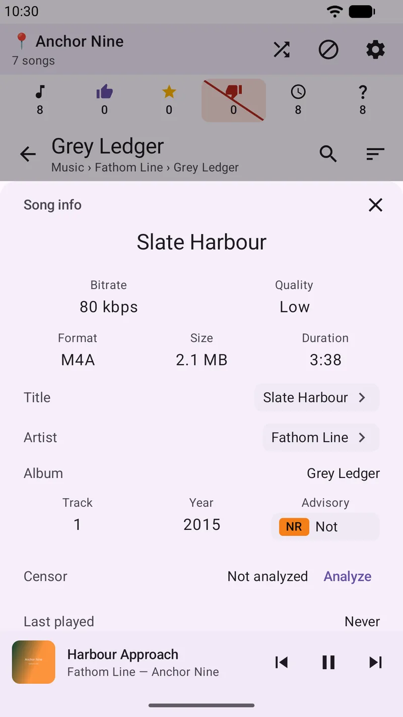 A SongTrail song info sheet showing bitrate, quality, format, size, duration, title, artist, album, track, year, content advisory, and a Censor row reading 'Not analyzed' with an Analyze action.