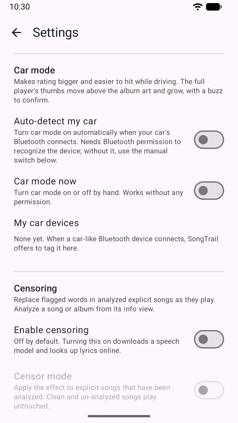 SongTrail's Settings screen showing the Car mode section and the Censoring section, with an 'Enable censoring' switch described as off by default.