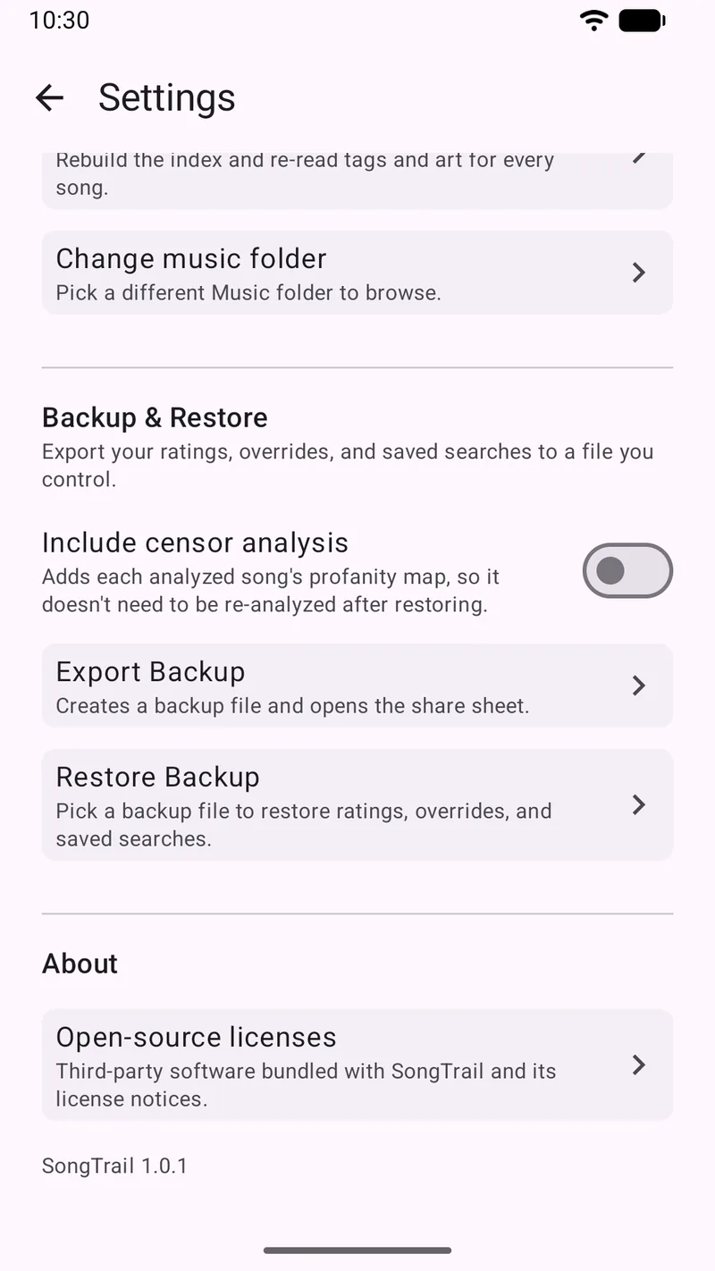 SongTrail's Settings showing the Backup and Restore section with an 'Include censor analysis' toggle and Export Backup and Restore Backup actions.