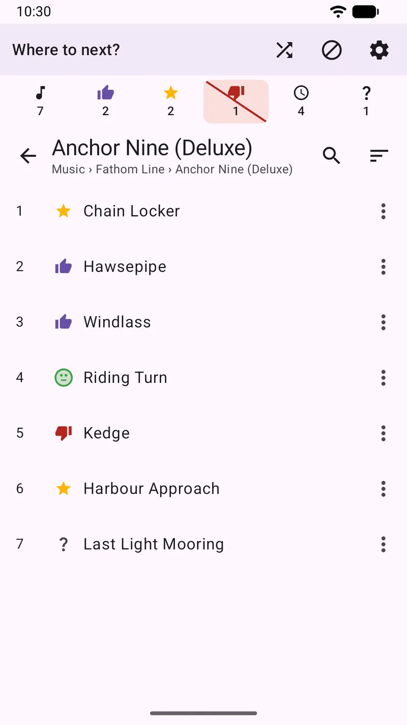 The same seven-song album after its folder was renamed to 'Anchor Nine (Deluxe)', with all five rating states still attached to exactly the same songs.